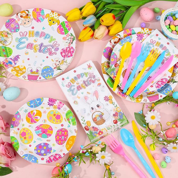 144 Pcs Disposable Easter Plates and Napkins Set-9 Inch Dinner Plates and 7 Inch Dessert Plates with Napkins and Flatware-Bunny Egg Tableware with Happy Easter-Spring Party Supplies for 24