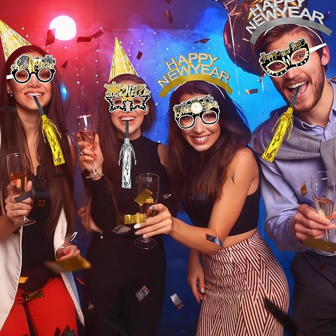 Openfly 36Pcs New Years Eve Party Supplies 2026 Happy New Year Hats Headband Tiara Noise Makers Paper Glasses Party Favors