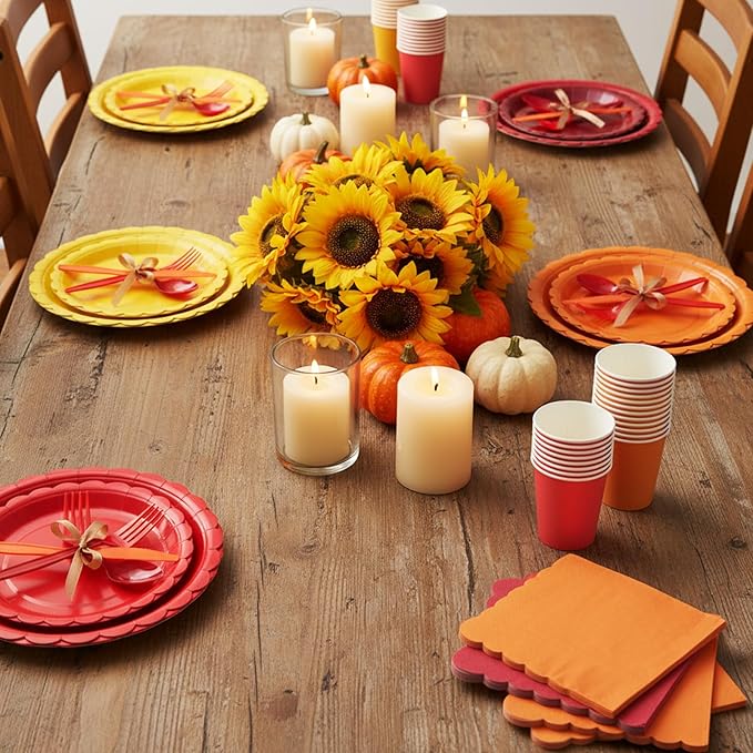 350 Pcs Fall Thanksgiving Plates and Napkins, 50 Guest Autumn Party Supplies Include Scalloped Paper Plates Napkins Cups Plastic Spoons Forks Knives Disposable Tableware Set for Harvest Party