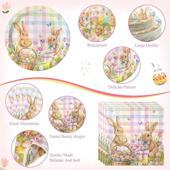Ceenna 452 Pcs Easter Party Supplies for 50 Guest, Pastel Easter Bunny Paper Plates Napkins Cups Tablecloth Cutlery Straw Disposable Tableware for Rabbit Baby Shower Wedding Birthday Party Decoration
