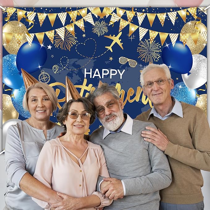 Mocsicka Retirement Party Decorations Blue and Gold Happy Retirement Backdrop Banner Retired Party Decorations Photo Booth Props (Blue Gold, 7x5ft)