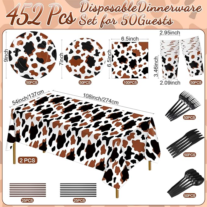 452 Pcs Cow Print Party Decorations Supplies Include Brown Cow Print Paper Plates Napkins Cups Tablecloth Cutlery Straws for Western Rodeo Birthday Baby Shower Animal Farm Party Decorations