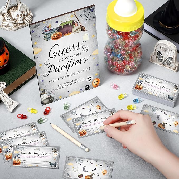 Syhood Halloween Boo Baby Shower Games Guess How Many Pacifiers Game Sign 50 Small Guessing Games 20 HB Pencils 750 ml Milk Bottle 400 Acrylic Pacifiers Decorations Guests Gender Reveal Party