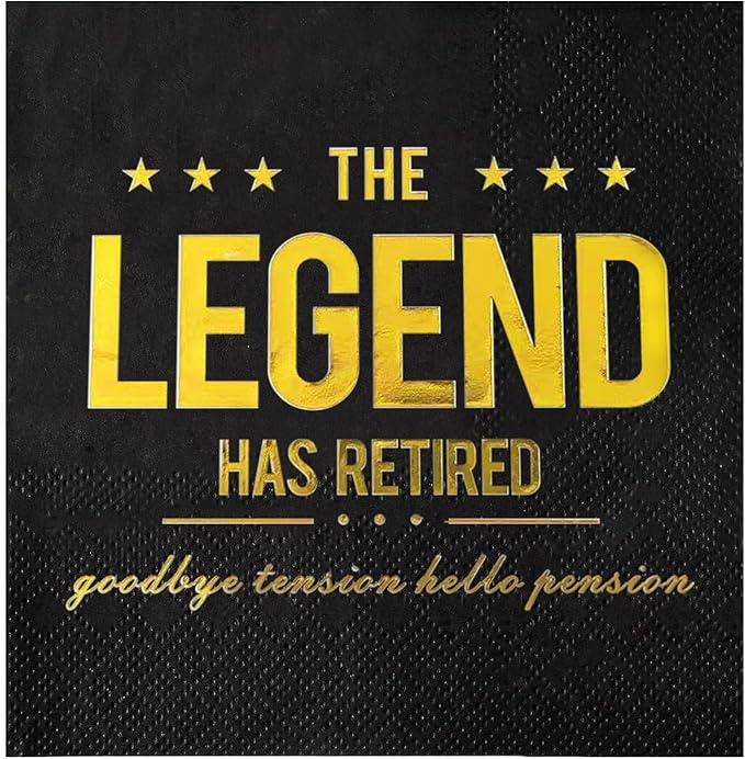 The Legend Has Retired Cocktail Napkins, 50 Pack 3-Ply Retirement Party Decorations Supplies, Black & Gold Disposable Napkins for Farewell,Coworker Goodbye & Going Away Celebration (5"x5")