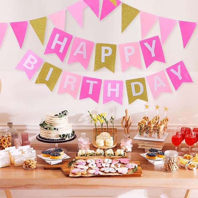Irenare 4 Pieces Happy Birthday Banner Colorful Birthday Party Decor Rainbow Felt Garland Banner Party Decorations Supplies(Gradient Pink and Gold)