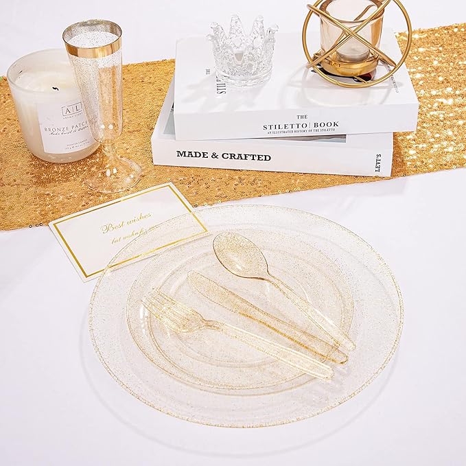 WDF 120PCS Gold Plastic Plates- Disposable Gold Glitter Plates, Premium Heavy Duty 60-10.25" Dinner Plate and 60-7.5" Salad Plate for Wedding Baby Shower Spring Birthday