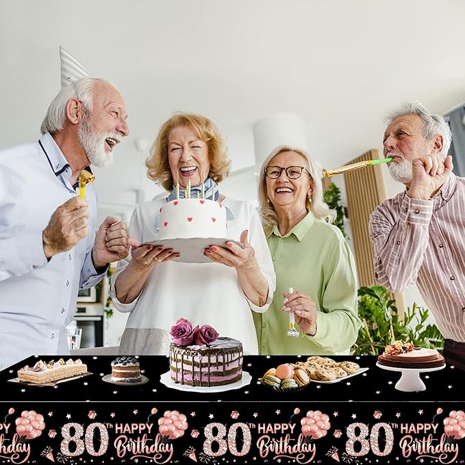 3 Pack Rose Gold 80th Birthday Tablecloth Decorations - Happy Eighty Birthday Theme Table Cover Party Supplies, Plastic Disposable Rectangular Table Cloth Decor