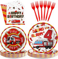 Grencian 96Pcs 4th Fire Truck Birthday Party Supplies Sound Alarm 4th Birthday Plates and Napkins Tableware Set Red White Disposable Decoration for 4 Years Old Fire Theme Fireman Firetruck Serve 24