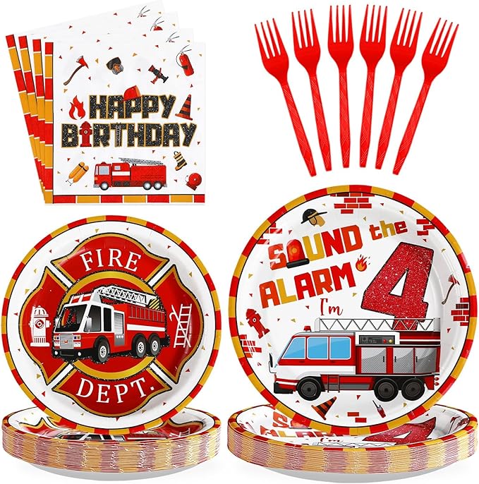 Grencian 96Pcs 4th Fire Truck Birthday Party Supplies Sound Alarm 4th Birthday Plates and Napkins Tableware Set Red White Disposable Decoration for 4 Years Old Fire Theme Fireman Firetruck Serve 24
