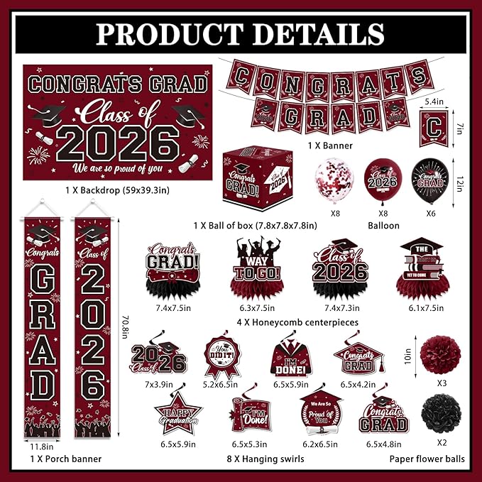 Graduation Decorations 2026 Maroon Party Decor Set with Congrats Grad Banner, Class of 2026 Backdrop, Balloons, Box & Streamers Supplies for High School & College Celebrations