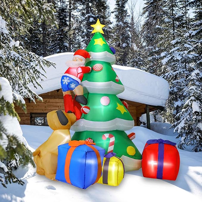 7FT Christmas Inflatable Tree Giant with Dog Bite Santa Claus 3 Wrapped Gift Boxes, Bright LED Lights Christmas Outdoor Decorations Blow Up Decor for Xmas Indoor Party Yard Patio Garden Lawn