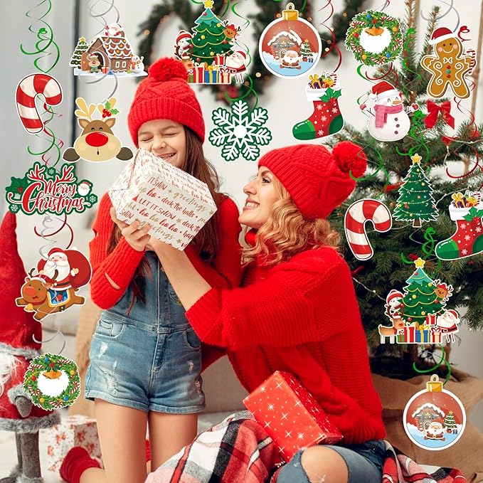 61 Pcs Christmas Hanging Swirls Decorations, Xmas Hanging Decorations Snowman Elk Foil Swirls for Christmas Party Decorations