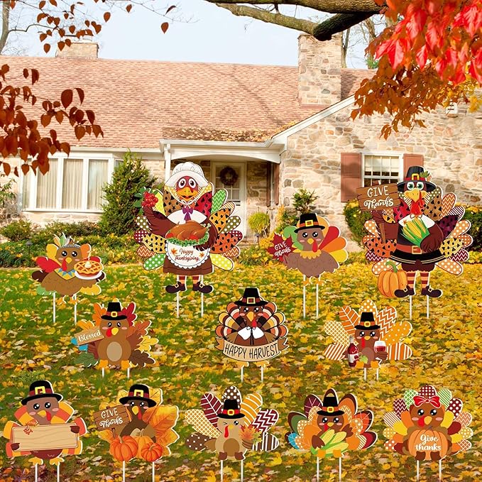 Amyhill 12 Pcs Thanksgiving Turkey Yard Decoration Outdoor Turkey Garden Lawn Signs with Stakes Waterproof Outdoor Decoration for Patio Lawn Walkway Party Decorations