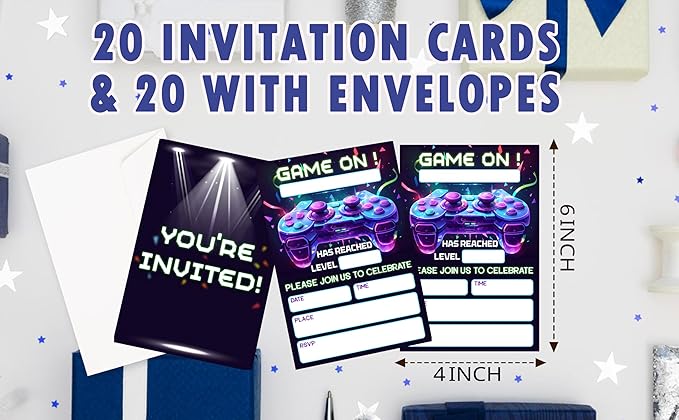 CLIRBE Games Birthday Party Invitations, Glow Neon Game On Birthday Invitations For Brother Bro Teen Boys Girls, 20 Invites Cards With 20 Envelopes, Party Supplies Favors -H11