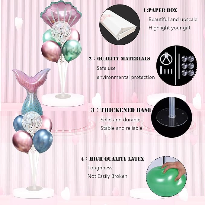 Mermaid Table Decoration Balloon Holder Kit 4 Sets with 2 Shell Foil Balloons and 2 Mermaid Tail Foil Balloons 24 Latex Balloons for MermaidBalloon Centerpiece Stand Birthday Party Decorations