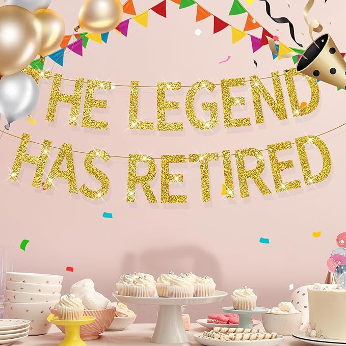 The Legend Has Retired Banner Gold Glitter Pre-Strung No DIY Retirement Banner Decorations for Men Women Retirement Party Supplie(Gold)