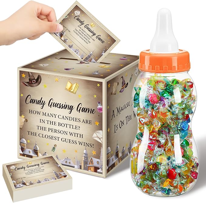 Glenmal 52 Pcs Baby Shower Games Gift Sets Large Baby Bottle for Shower Game Guess How Many Candies Decorations for Gender Reveal(Magical Wizard)