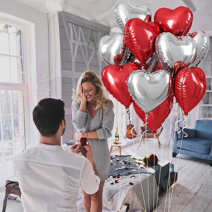 Red Silver Heart Balloons, 18 Inch Red and Silver Heart Shape Foil Balloons for Valentines Day Birthday Wedding Baby Shower Party Decorations Pack of 10