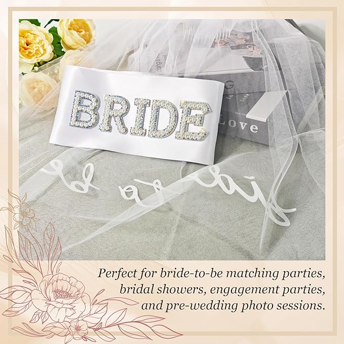 Daxolanz Bride To Be Sash and Veil White Set – Decorations, Favors, Bridal Shower Accessories, Engagement Party Supplies