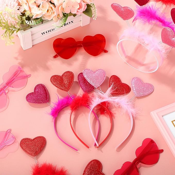 48 Pcs Red Love Heart Bopper Glitter Headbands and Heart Sunglasses, Wedding Party Pink Eyeglasses for Decor