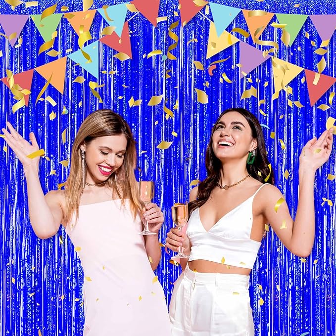 6 Pack Blue Foil Fringe Curtains Backdrop, 3.28 x 8.2 Ft Metallic Streamers Tinsel Curtains Background for Photo Booth, Birthday, Christmas, Halloween, Thanksgiving, New Year Party Decorations