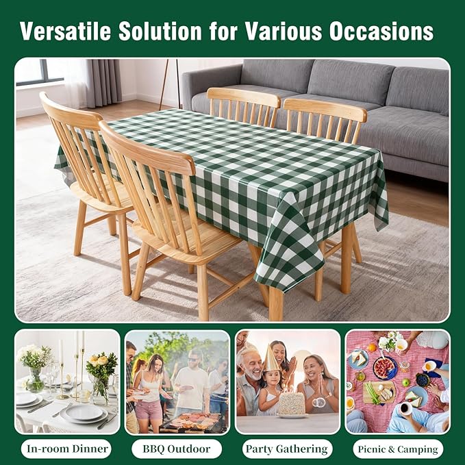 Oigco 3 Pack Green and White Checkered Tablecloth 54 x 108 Inches, Rectangle Disposable Plastic Green Gingham Tablecloth, Picnic Table Cover for Outdoor, Christmas, Golf Birthday Decorations