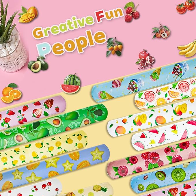 74PCS Fruit Slap Bracelets&Stickers Summer Fruit Theme 24PCS Slap Bracelets 50PCS Stickers Party Favors Basket Bag Filler School Prizes Gifts Party Favors Bulk