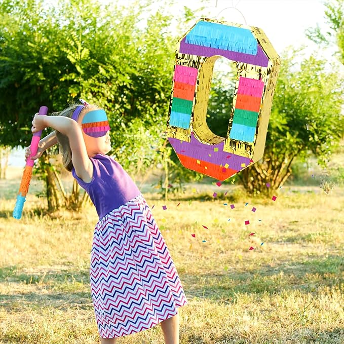 Rainbow Number 0 Pinata Birthday Decorations for Kids, Rainbow Pinata with Bat Stick Blindfold for Boys Girls Birthday Celebrations Baby Shower Party Supplies (16.1x10.6x2.9 Inches)
