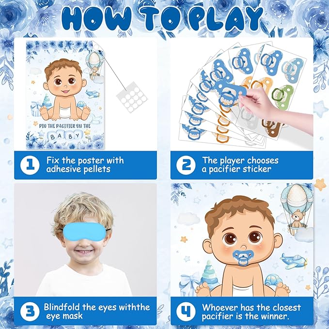 Pin The Pacifier On The Baby Game, Blue Baby Shower Decoration Pin Pacifier on Baby Poster Game with Poster 48 Pacifier Stickers Blindfold Game for Blue Bear Baby Shower Birthday Party Decorations
