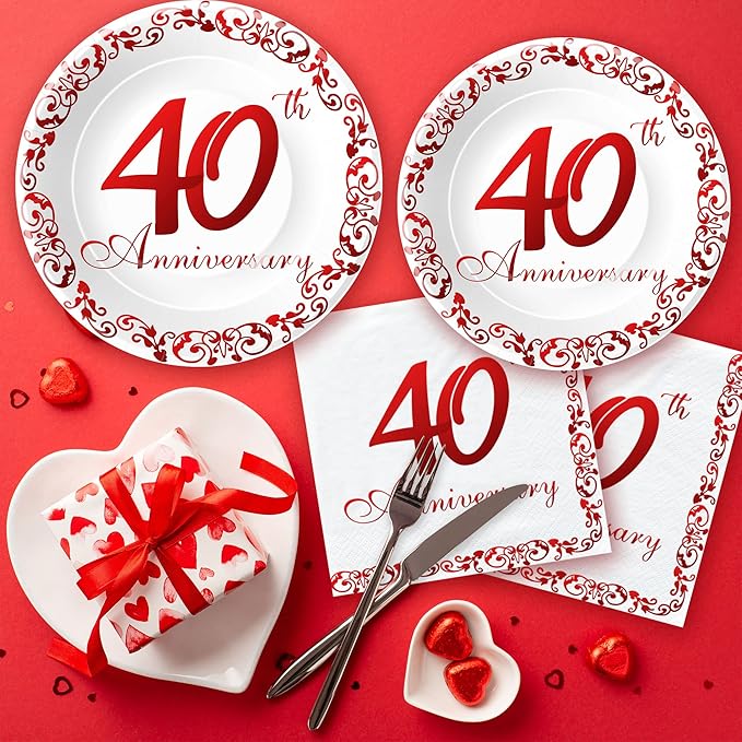 APOWBLS 40th Anniversary Plates And Cups Party Supplies - Ruby 40th Wedding Anniversary Decorations Dinnerware, Dinner Plate, Dessert Plates, Cups, Napkins | Serves 24