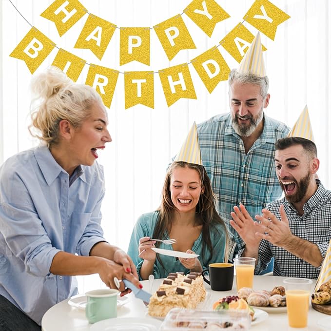 Gold Happy Birthday Banner Sign for Backdrop Gold Happy Birthday Decorations for Women Men Kids Golden Party Banner Garland Wall Door Bunting Flag
