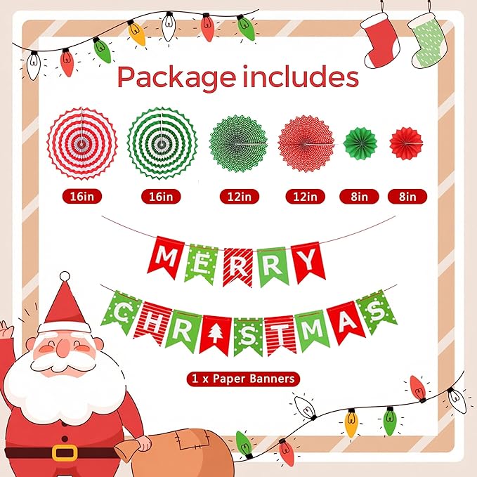 Trgowaul Merry Christmas Decorations, 30pcs Red Green Happy Christmas Party Supplies Decorations, Banner, Paper Fan Flower, Santa Claus Xmas Elk Foil Balloon, Fringe Curtain, Xmas Decoration Set