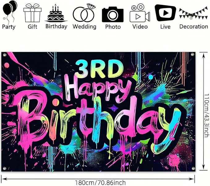 Neon 3rd Happy Birthday Banner 71x43 Inch Paint Splatter Glow in The Dark Wall Decor for Kids Boys Girls Birthday Party Photo Booth Background Supplies and Celebration Decorations