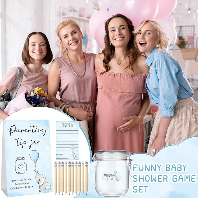 Roowest Baby Shower to Baby Advice Cards for New Parents to Be - Tip Jar Sign for New Parents 60 Parenting Advice Cards 10 HB Pencils 2 Cute Stickers 1 Pet Bottle for Guests Games(Blue Elephant)