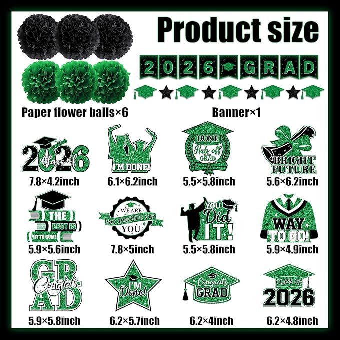 Green Graduation Decorations 2026, 2026 Grad Banner and Congrats Grad Hanging Swirls, Green and Black Graduation Banner Graduations Hanging Swirls College Graduations Party Decorations Class of 2026