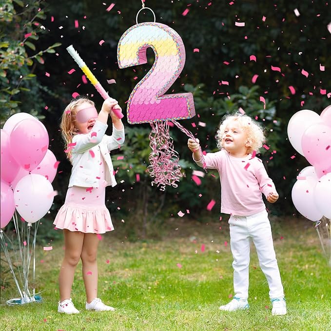 WERNNSAI Pink Sweet Two Piñata - Number 2 Piñata Happy Birthday Decoration Pink Rainbow Design Party Games for Girl Princess Baby Shower Party Favor with Blindfold Anniversary Celebration Supplies