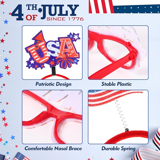 Retrowavy 24 Pcs 4th of July Party Favors Patriotic Accessories 12 Headbands and 12 Glasses Fourth of July Head Boppers American Flag Decorations for Independence Day Memorial Day Party Supplies