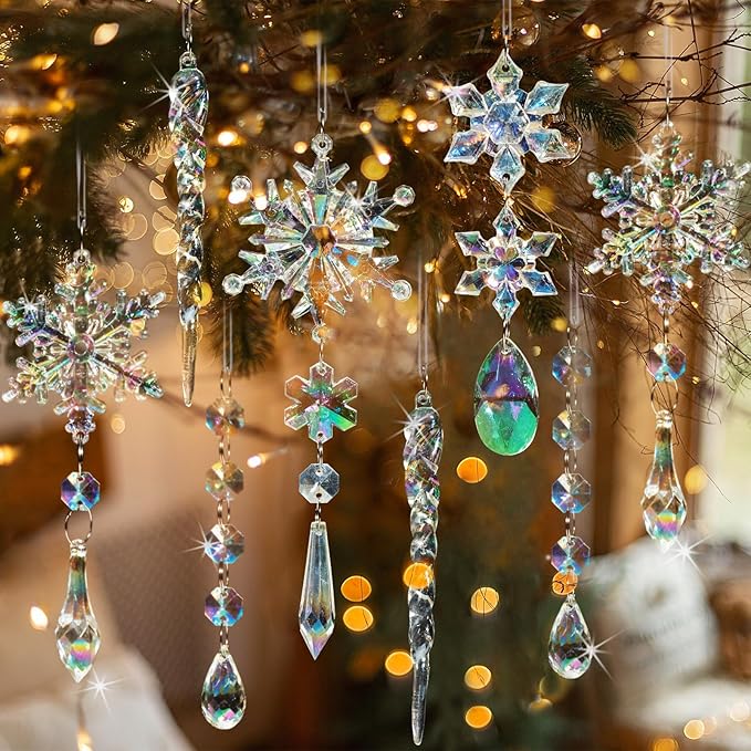 GuassLee 36pcs Crystal Christmas Tree Ornaments - Iridescent Acrylic Snowflake Icicle Drop Crystal Hanging Ornaments for Christmas Tree Winter Wonderland Frozen Themed Birthday Party Decor