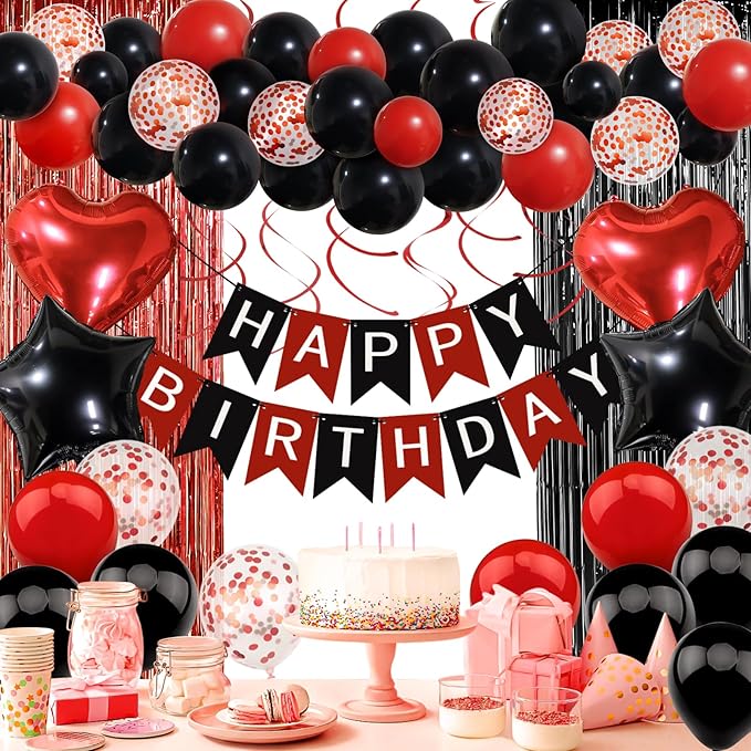 Red and Black Birthday Decorations, Happy Birthday Banner, Confetti Balloons, Fringe Curtain, Heart Star Foil Balloons, Hanging Swirls for Women Girls Princess Party Decorations