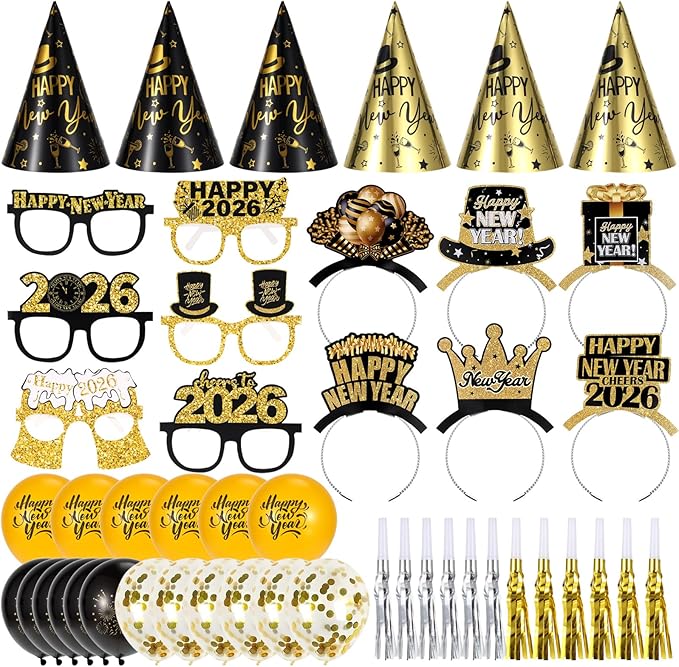48 Pieces New Years Eve Party Supplies 2026, Happy New Year Decorations Kit Includes Party Headband Tiaras Noise Makers Cone Hats Latex balloons for NYE Decorations