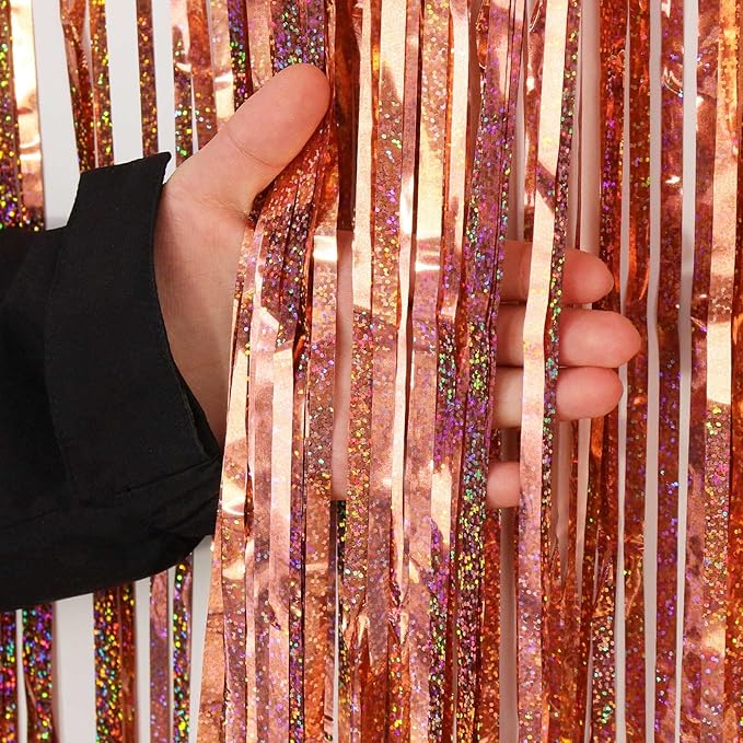 Tinsel Foil Fringe Curtain, 2 Pack Metallic Tinsel Curtain Backdrop for Party Decorations, Large Glitter Streamer Backdrop for Birthday Wedding Christmas Photo Booth (Rose Gold)