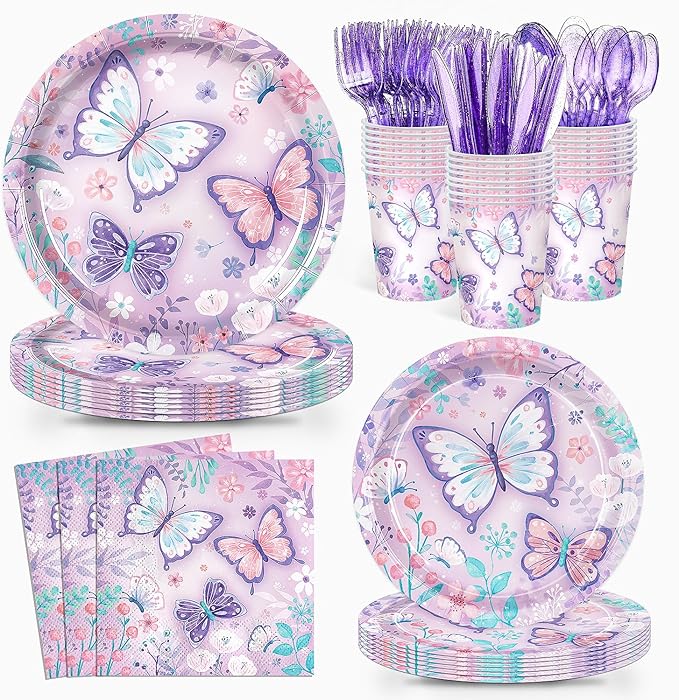 Butterfly Party Decorations 168pcs Butterfly Plates Napkins Cups Disposable Tableware Set Floral Butterflys Birthday Party Supplies for Girls Birthday Baby Shower Bridal Shower Serves 24 Guests