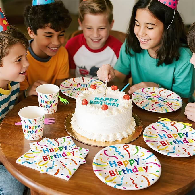 120Pcs Birthday Plates and Napkins Party Supplies Set, Serves 24 Guests Birthday Paper Plates and Napkins, Cups, Forks, Multicolor Birthday Design for Kids Boys Girls Party Decorations