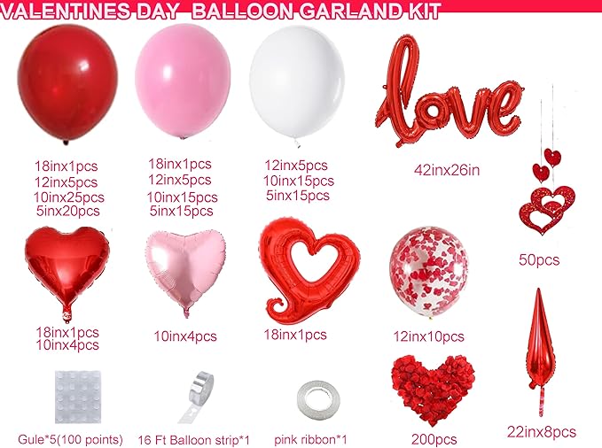 Bonropin 156pcs Valentines Day Balloon Arch Garland Kit with Pink White Red Confetti Heart Balloons Love Foil Balloons Explosion Star Balloons Rose Petals for Anniversary Wedding Romantic Decorations