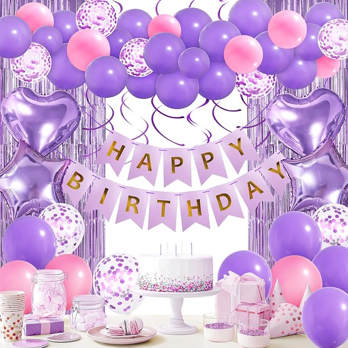 Pink Purple Birthday Decorations, Bday Party Supplies for Women Girls Princess with Happy Birthday Banner, Confetti Balloons, Fringe Curtain, Heart Star Foil Balloons, Hanging Swirls