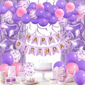 Pink Purple Birthday Decorations, Bday Party Supplies for Women Girls Princess with Happy Birthday Banner, Confetti Balloons, Fringe Curtain, Heart Star Foil Balloons, Hanging Swirls