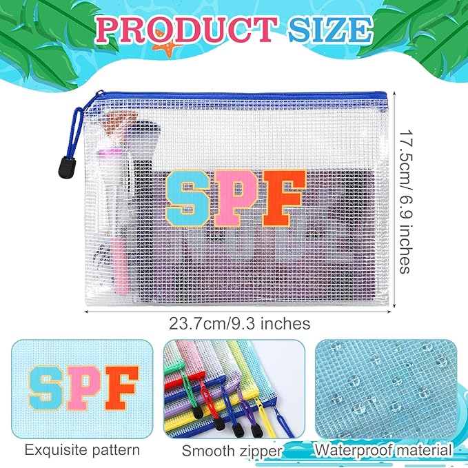 Kacctyen 12 Pcs Sunscreen Bag Clear Makeup Bag Beach Vacation Essentials Summer Pool Waterproof Toiletry Pouch Portable Preppy Letter Mesh Zipper Organizer for Women Family Travel Gifts(Pink,Spf)