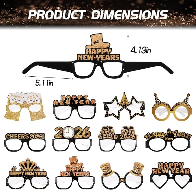 Happy New Year Decorations 2026, New Years Banner Foil Curtain Cone Hats Glasses Photo Props Headband Noisemakers Squakers 2026 Foil Ballons Accessories for Eve Celebration Decorations Favors