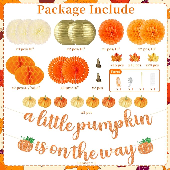Kriyokiaa Little Pumpkin Baby Shower Decorations 71 Pcs Fall Baby Shower Decor with Tissue Pompom, Paper Fans, Lantern, Banners & Artificial Maples for Rustic Neutral Shower Party Supplies