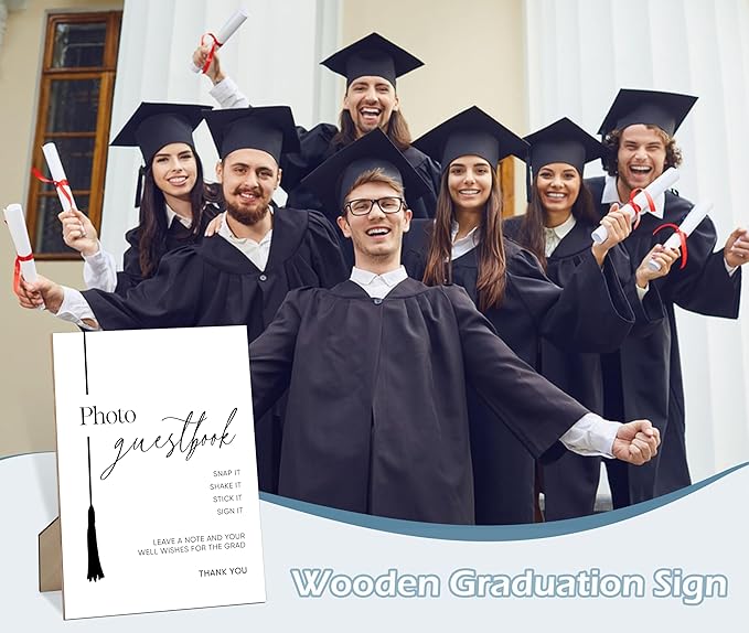 Photo Guest book Sign for Graduation, 8×11" Graduation Tassel Wooden Sign With Stand, 2025 Graduation Party Decorations Centerpieces for Tables, Congrats Grad Party Favors Supplies